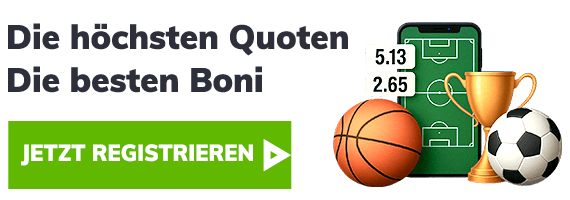 Smartphone mit Quotenanzeige neben Sportbällen und einem goldenen Pokal sowie dem Hinweis Jetzt registrieren
