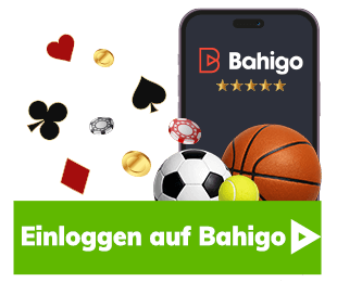 Smartphone mit Bahigo Oberfläche daneben Sport und Casinosymbole und der Hinweis Einloggen auf Bahigo