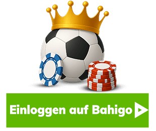 Fussball mit goldener Krone und farbigen Chips mit dem Hinweis Einloggen auf Bahigo