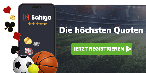 Smartphone mit der Bahigo Oberfläche vor einem Stadionhintergrund und dem Hinweis Die höchsten Quoten Jetzt registrieren für Nutzer von Bahigo Mobile