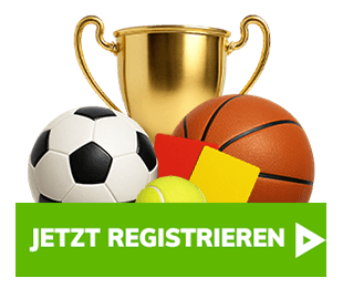 Goldener Pokal vor einem Fußball einem Basketball einem Tennisball und Spielkarten mit dem Hinweis Jetzt registrieren