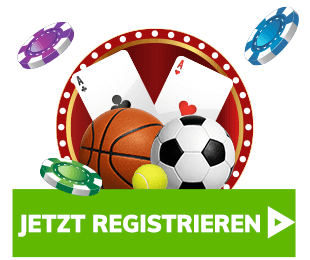 Spielkarten Pokerchips Fussball Basketball und Tennisball mit dem Hinweis Jetzt registrieren