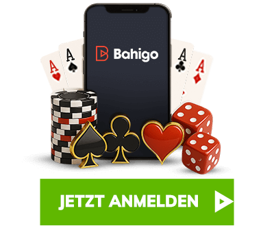 Smartphone mit Bahigo Logo vor Spielkarten Chips und Würfeln und dem Hinweis Jetzt anmelden