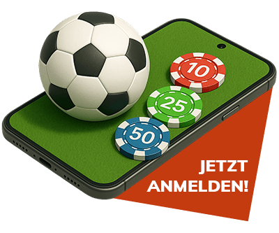 Smartphone mit Fussball und farbigen Chips und dem Hinweis Jetzt anmelden für Nutzer mit Bahigo Live Support