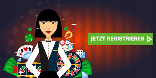 Illustrative Dealerin vor Roulettekarten Würfeln und dem grünen Hinweis Jetzt registrieren